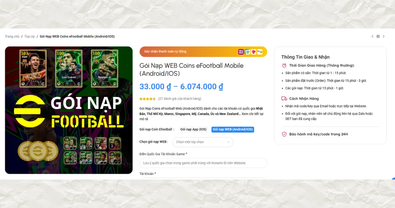 Hướng dẫn chi tiết cách nạp coin eFootball trên hệ điều hành Android thông qua website chính thức. Khắc phục lỗi nạp, nhận thêm coin bonus và an toàn tuyệt đối cho tài khoản Konami ID của bạn.