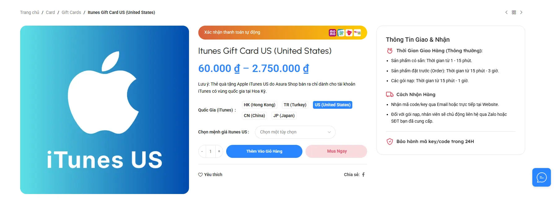 iTunes Gift Card US tại Asura